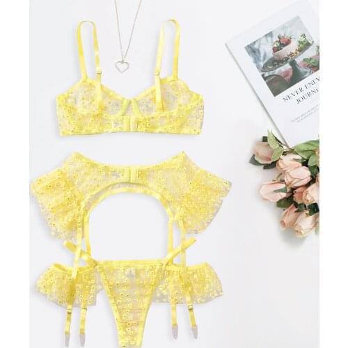 Sexy Lingerie Set Yellow Underwire Bra Embroidery Thong Temptation Underwear Garter Belt Lingerie Femme Sexy Bra Sets New 2021