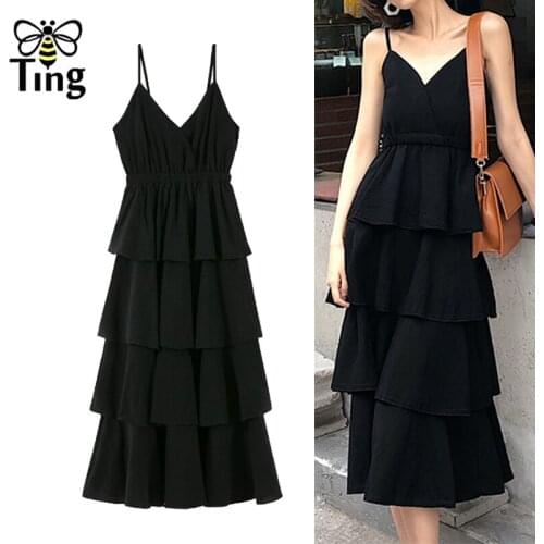 Tingfly Summer V neck Strap Midi Dress Fashion Layered Elegant Party Dresses Backless Elastic High Waist Black White Vestidos