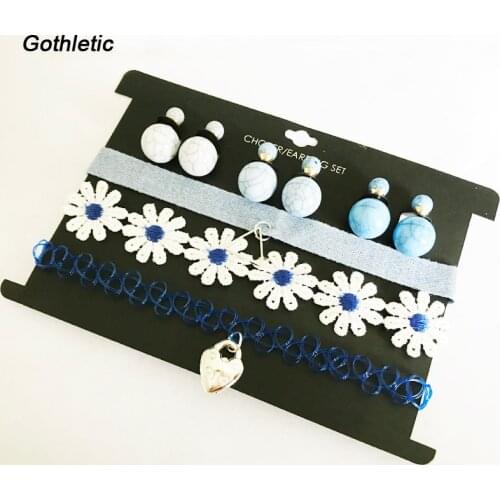 Gothletic 2019 Fashion Front Back Reversible Earrings Necklace Pack Blue Denim Tattoo Daisy Choker Summer Jewelry 6pcs/set