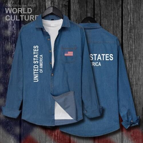 United States of America USA US Men Flags Clothes Autumn Cotton Long Sleeve Cowboy Casual Coat tops Turn-down Collar Jeans Shirt