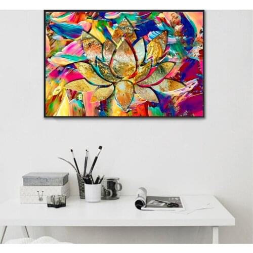 Wall Art Painting Canvas Painting Colorful Gold Lotus Flower Picture Modern Art Religion Prints For Living Room Home Decoration