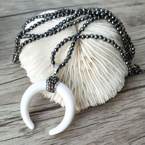 5 Strands Hematite beads necklace Unique OX Horn Pendant,pave Crystal Rhinestone Charm necklaces NK230