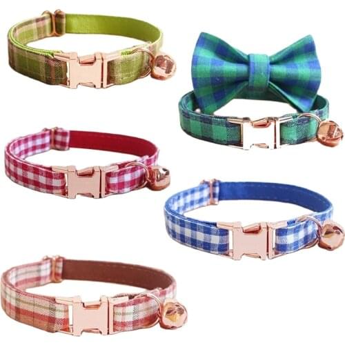 Personalized Cat Collar Customized Kitten Puppy Dog Collars with Bell Bow tie Engraved Cats Necklace for Cat Kitten Collar Plaid