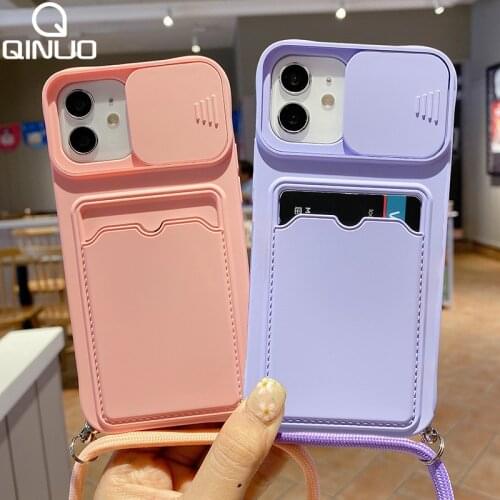Strap Lanyard+Card Holder+Camera Slide Case For iPhone 11 Pro Max 12 Mini XS X XR SE 2020 8 7 Plus Lens Protection Silicon Cover