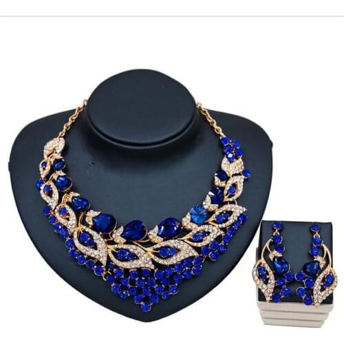 Luxury Wedding Gold Color Colorful Crystal Pendant Necklace Earrings Fashion Design Jewelry Set Necklaces Earring For Women Gift