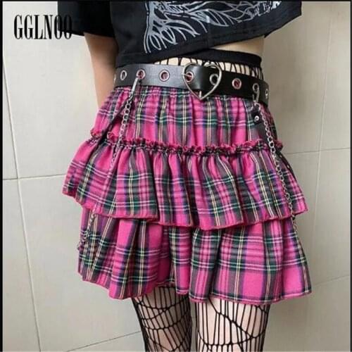 GGLNOO Pink Skirt Japanese College Style Youth Girl Plaid Skirt Female High Waist Slim Lolita Cosplay Y2k Skirt Goth Skirt