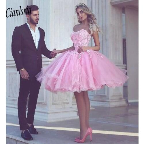 Pink 2020 Homecoming Dresses A-line Sweetheart Knee Length Tulle Lace Beaded Elegant Cocktail Dresses