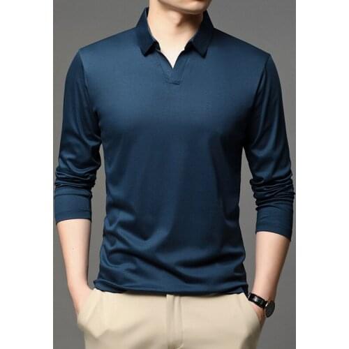 Mercerized Cotton Polo Shirt Men Long Sleeve Comfortable Brand Poloshirt Casual Wear Autumn Solid Color Polo Hombre Loose Black