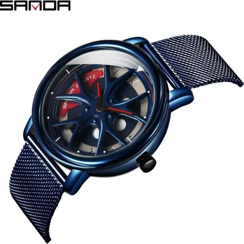 SANDA Special Wheel Shape Rotating Dial Quartz Watches Quality Steel Mesh Belt Life Waterproof Men Watch Relogio Masculino 1025