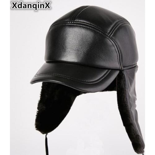 XdanqinX Genuine Leather Hat Winter Mens Bomber Hats Extra Thick Plus Velvet Warm Sheepskin Earmuffs Hat Winter Cap For Men