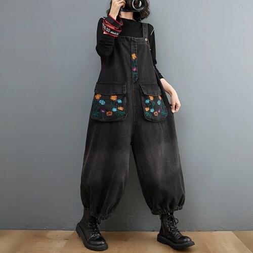 Loose Plus Size Black Denim Jumpsuits Women Autumn Retro Print Floral Mom Jeans Overalls Bloomers Dungarees Straps Baggy Pants