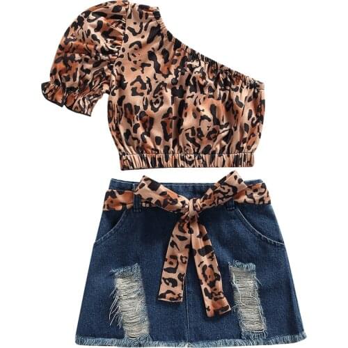 1-6 Years SUNSIOM Fashion Girls Clothes Outfits Leopard Print Puff Sleeve One-shoulder Crop Top and Ripped Denim Short Skirt