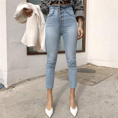 Women Denim Skinny Trousers 2021 Women High Waist Ruffles Jeans Pants Single-Breasted Female Pencil Jeans Streetwear