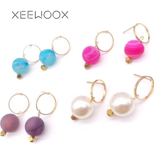 Colorful Pink Blue Purple Natural Stone White Pearl ball Drop Earring Woman Statement Drop Earring XEEWOOX Design Party Gift
