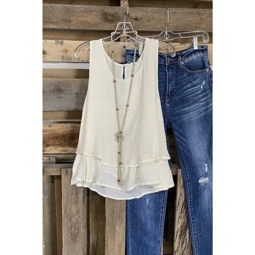 Ladies Summer Fashion Comfortable Casual Vest Women Fake Two Double Layer Cotton Linen Sleeveless T-shirt