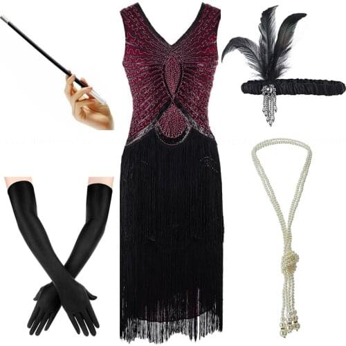 Womens Plus Size Gatsby Sequin Art Deco Black Flapper Dresses 1920s V Neck Beaded Fringed Great Gatsby Dress