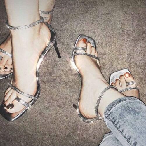 2020 Square Head rhinestone leather sandals Womens shoes summer new word with stiletto high heel womens shoes