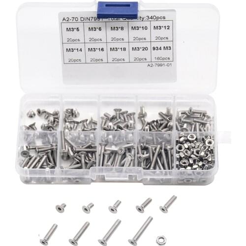 340Pcs/ Boxed M3 Stainless Steel 304 Countersunk Hex Socket Screws Nuts Assortment Kit Fastener Hardware