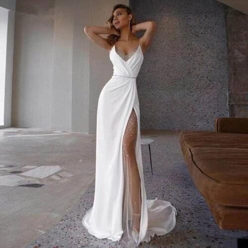 White V-Neck Mermaid Wedding Dresses Princess Soft Satin Beach Bridal Gowns Spaghetti Straps Luxury Beading Vestido De Noiva