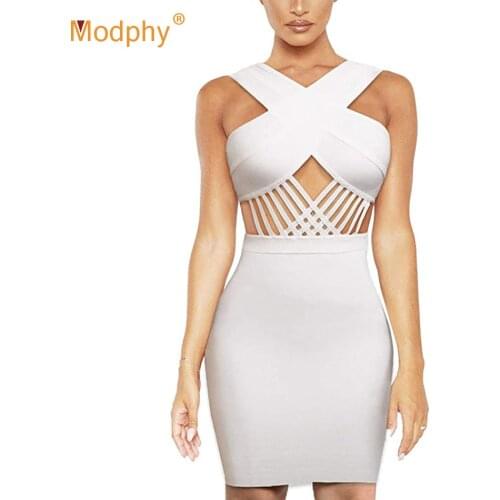 Free Shipping 2021 New Bandage Dress Sexy V-neck Sleeveless Hollow Bodycon Women Club Celebrity Evening Party Vestidos