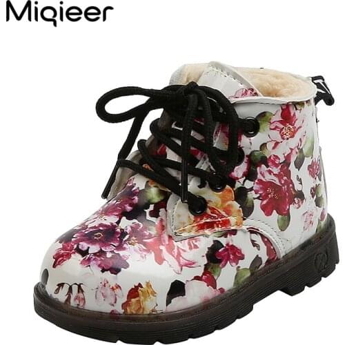 Girls Boots Autumn Winter Warm Plush Shoes Fashion Flower Print Baby Toddler Ankle Snow Boots PU Waterproof Size 21-30
