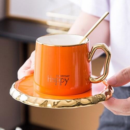 New 180mL Golden Letter Printed Coffee Mug with Saucer and Spoon Creative Sky Blue/White/Pink/Orange Milk Tea Juice Ceramic Cups