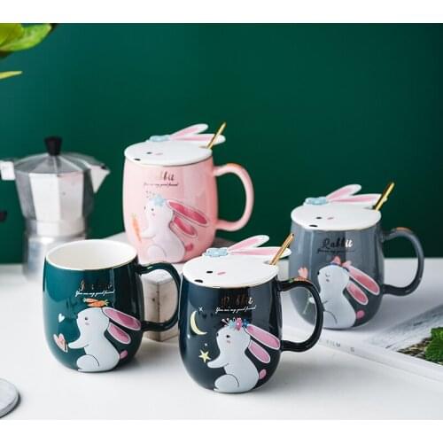 Creative Lovely Rabbit Mugs With Lip And Golden Spoon Exquisite Holiday Gift Coffee Milk Ceramic Cups Porcelain Drinkware
