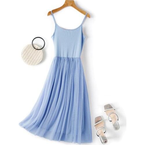 Summer Spaghetti Strap Dress Women Casual Stitching Modal Cotton Mesh Dress Lady All-Match Dance Long Party Dress Plus Size 4XL