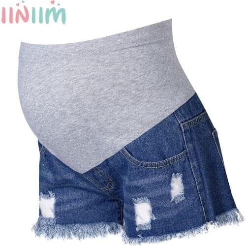 Iiniim Pregnant Women Summer Short Pants Soft and Stretchy Fabric Frayed Style Fit Belly Elastic Band Ripped Denim Jeans