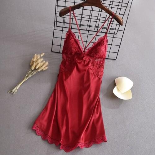 Summer women nightdress solid color sling thin lace belt chest pad nightwear ice silk sexy pajamas girl sleepwear