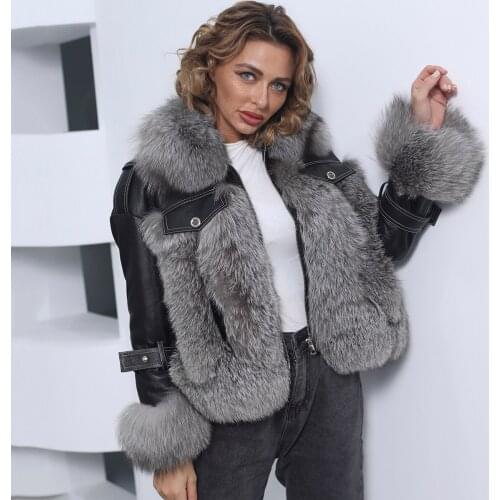 New Winter Genuine Leather Jacket With Fur Women 2021 Wholesale Fashion Short Real Fox Fur Coat Bomber Luxury Big Size Custom