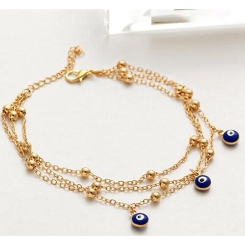 New Bohemian Beach Anklet Turkish Blue Eye Pendant for Women Foot Jewelry Chain Bead Tassel Gold Color Wave Surfer Bracelet