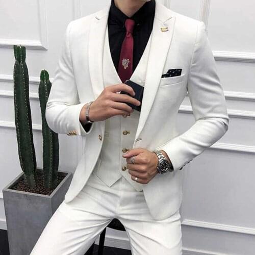 New Fashion Handsome Gentleman Peak Collar Slim Fit Men Suits White Groomsmen Tuxedos Wedding Dinner Party (Jacket+Vest+Pants)