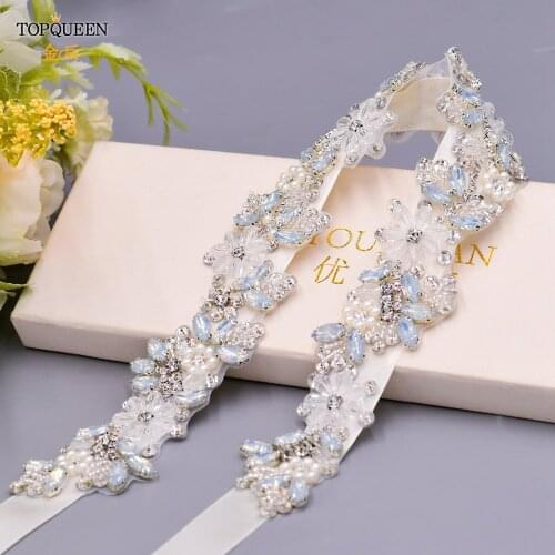 TOPQUEEN S434 Bridal Sash Applique Iron On Opal Wedding Belt Pure White Crystal Wedding Dress Belt Women Black Sash Wedding