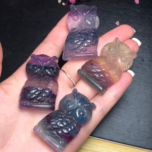 Natural Fluorite Quartz Crystal Sculpture Owl Animal Home Decoration Spirit Fengshui Healing Meditation