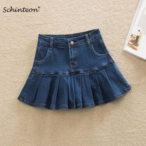 Schinteon Women Summer Denim Shorts Mini Skirts Sexy Ruffles Pleated skirt Top Quality Jeans Big Size