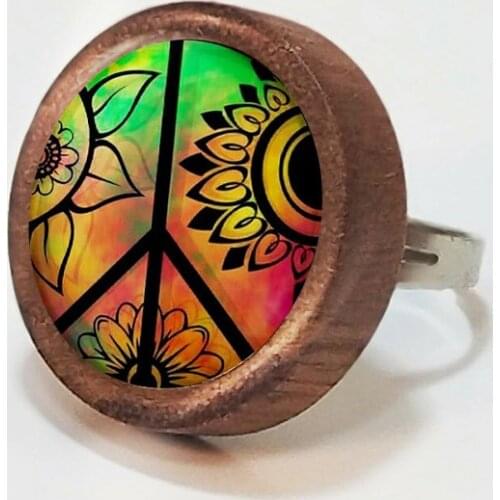 Symbols Theme Handmade Wooden Women Rings Cute Jewelry Accessories Sign Of The Cross Peace Token Yin Yang Infinite Colorful Gift