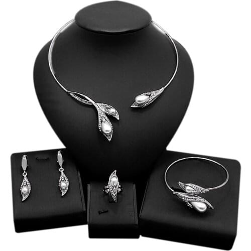 Yulaili Wholesale Price Top Quality Wedding Jewelry Sets Imitation Pearl Silver Color Choker Necklace Earrings Bangle Ring