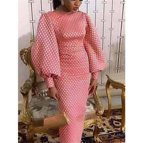 African Women Maxi Pink Party Dress Velvet Long Lantern Sleeve Printed Ladies Formal Dresses Prom Date Night Birthday Clothes