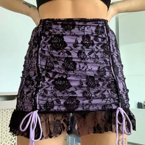 Flower Mesh Goth Y2K Skirts Womens Double Layer Lace Up Egirl Mini Skirt Dark Academia Aesthetic Vintage 90s Streetwear