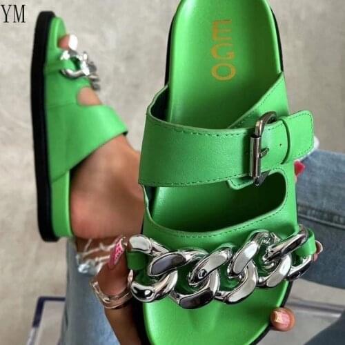 Green 2021 New Fashion Leather Women Chain Designer Buckle Summer Sandals Party Shoes Indoor Flat with House Zapatillas 36-43