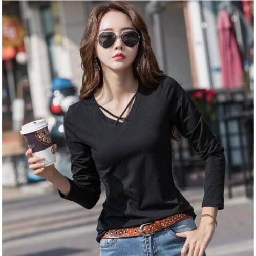 Korean Top Womens Clothing 2021 Spring Solid Hollow Out Tshirt Sexy V Neck Long Sleeve T-shirt Women Black Blue Tee Shirt Femme