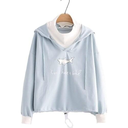 Women Hoodies Sweatshirt Cartoon Print Fake Two Piece Patchwork Loose Casual Stitching High Neck Hooded Pullovers 2119473