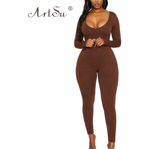 ArtSu Solid V-Neck Sexy Bodycon Casual Jumpsuit Women Long Sleeve Skinny Rompers Streetwear Winter Basic Female Jumpsuits