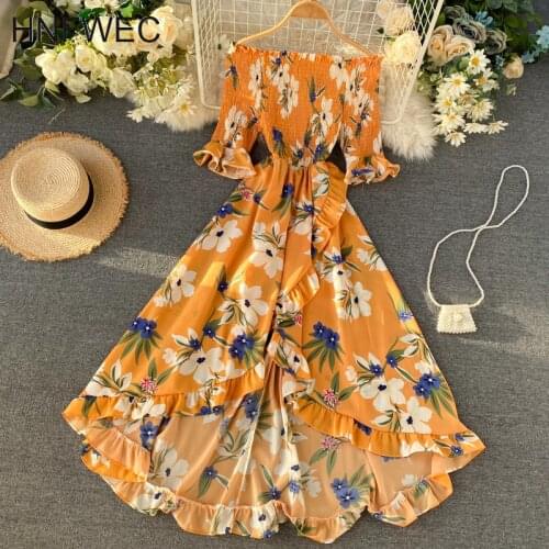 Elegant Summer Women Dress 2020 Off Shoulder Irregular Bohemian Flower Print Maxi Dress Fashion Ruffle Boho Dress Tunic V252