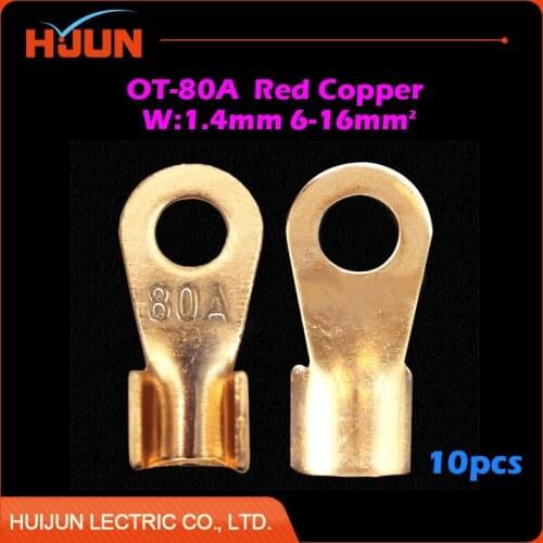 10pcs/lot OT-80A 8.2mm Dia Red Copper Circular Splice Crimp Terminal Wire Naked Connector for 6-16 Square Cable