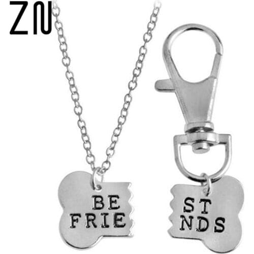 2pcs/Set Dog Bone Best Friends Charm Necklace & Keychain Handstamped BFF Bones Friendship Jewelry