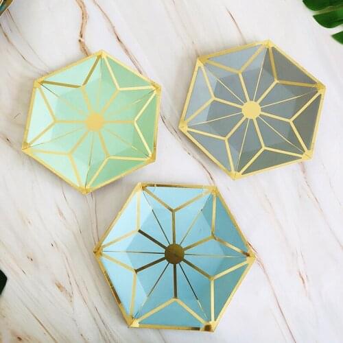8PCS / LOT New Style Gilded Hexagonal Pentacle Plate Disposable Paper Plate Party Cutlery Dinner Cake Dish