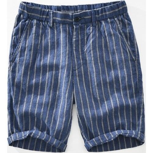 8325 Japanese Vintage Mens Striped Linen Shorts Straight Loose Classic High Quality Breathable Youth Man Beach Five-Point Pants