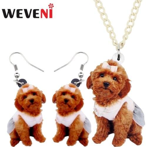 WEVENI Acrylic Jewelry Sets Brown Bow Skirt Teddy Dog Necklace Earrings Unique Animal Pendant For Women Girls Charm Gift
